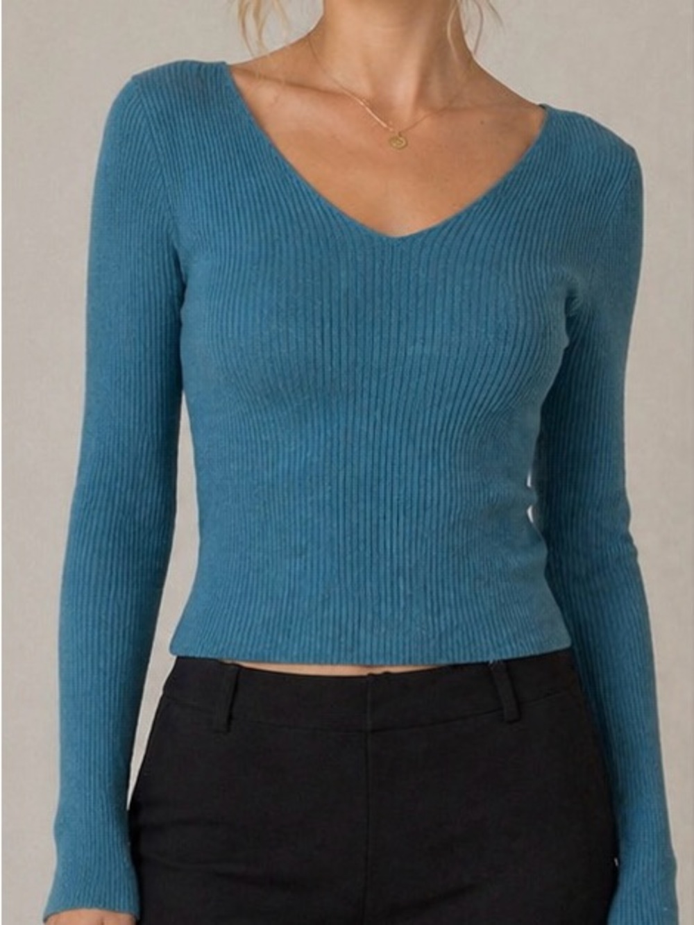 Simons Teal Ribbed Long Sleeve V-Neck Top